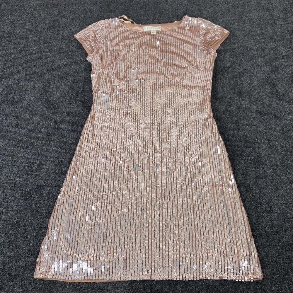 Niteline Rose Gold Sequin Shift Mini Dress Size 2 Cap Sleeve Party Cocktail